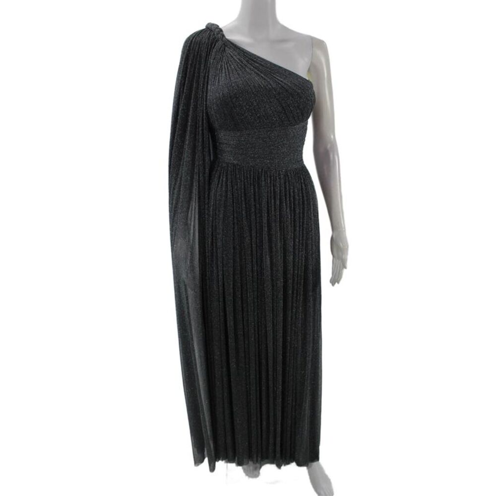 Elie Saab Womens Side Zip One Shoulder Metallic Knit Draped Gown Gray Size FR 36